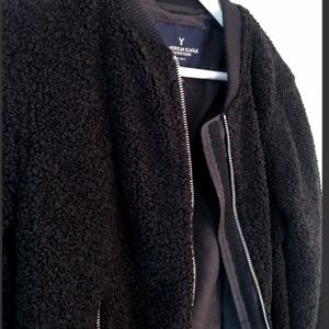 American Eagle Black Bomber Pile Jacket Size Small